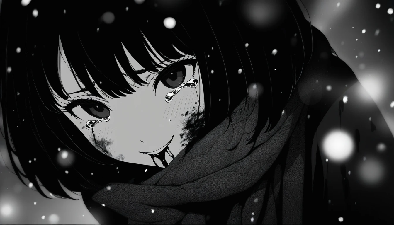 masterpiece, best quality, 1girl, momose_(oqo) official art, grayscale, manga style, japanese, chi no wadachi, black eyes, street, iced, black hair, schoolbag, smile, crying, tears, tears streaming, blood, blood_from_mouth, bruise, nosebleed, lineart, face against the ground, looking at viewer, blood on face, black coat, black scarf, 35 years old, mature_female:1, tall, fair skinned, bokeh background, streaming, bob cut, light particles, centered, snowing, emotional anime scene, (very aesthetic, best quality, ultra detailed), intricate details, red and blue lights flashing, camera glare, from above