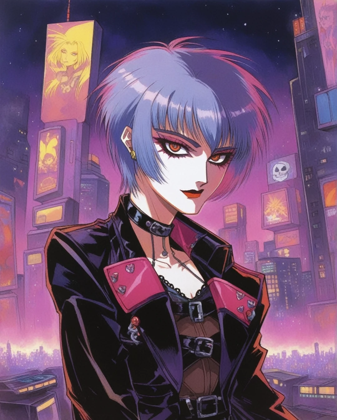amano yoshitaka, 80s, 1girl, goth, siouxsie, michelle pffifer, cyberpunk, futuristic city background, 80s movie poster art style,