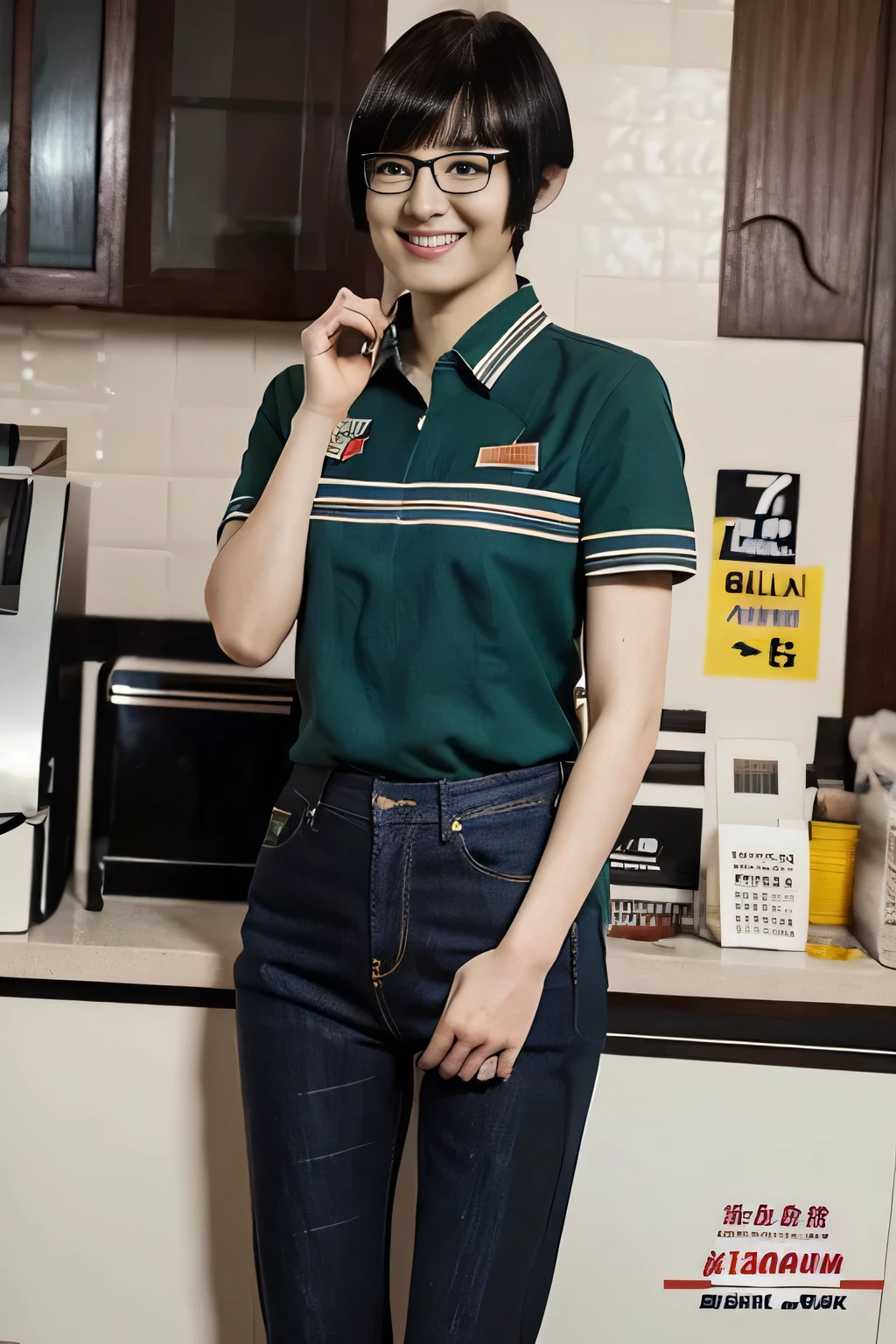 medium shot, (blue denim jeans), japanese lady, pale skin, droopy eyes, 21 year old,(Black short bowl cut hair with blunt bangs:1.3),((standing)), high quality:1.3, shoot from below,Professional lighting:2.0,realistic:1.2,(cinematic lighting), 4k resolution, detailed skin, masterpiece:1.1,(smile:1.3),(Black cell frame glasses:1.3), 7eleven, scenery, indoors, box, tiles, shop, tile floor,7elevenU, employee uniform, uniform, green shirt,
