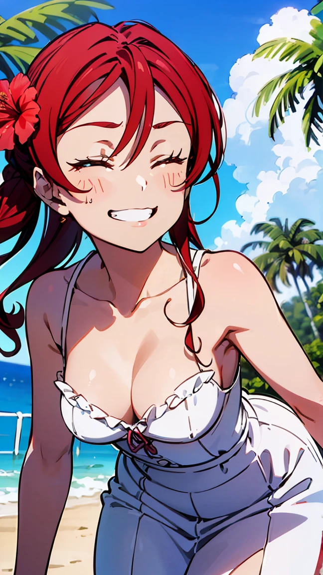 ((Pure white dress: 1.5)), ((Luxurious dress: 1.5)), ((Cute dress with frills: 1.5)), High quality, (8K, Raw, Best quality, Real: 1.5)), Ultra high quality, High resolution, Best quality, Perfect face, Perfect limbs, Perfect fingers, High resolution, (((Tropical resort: 1.5))), (((Hibiscus and palm trees growing in the background: 1.5))), (((Clear sky: 1.5))), (((Delighted: 1.5))), Deserted tropical resort background, One girl, (((: 1.5))), (Beautiful anime face, Cute face, Detailed face), -- (red hair, Bangs), ((Slim Figure1.2)), (((mediu Breasts1.3))),-- adorable smile, (((smiling eyes closed: 1.5))), (((angelic smile: 1.5))), miniature clothing, parted lips, pink lipstick, resting, standing, turning around, back view, cowboy shot, miniature human hand, cartoon style, perfect anatomy, perfect proportions, evening, nice lighting, bright colors, clean lines, information, Blurred, stunning facial expression, restless emotions, gorgeous, pretty, detailed beautiful face and eyes, (masterpiece) beautiful face, young handsome girl, realistic and perfect skin, bokeh, stunning facial expression, restless emotions, gorgeous, pretty, detailed beautiful face and eyes, (Audrey Hepburn), (), Blake, fine and beautiful skin with cleavage, (cute type), (J-pop idol), (thighs, (depth of field), (depth of field), soft light, sparkling lens gaze, (droopy eyes), straight teeth, shy smile, floating hair, Blake movie scene, cinematic full color, 4K, 8K, 16K lace, raw photo, must-see movie, professional color grade, professional photographer, school girl, , soft clean focus, realistic lighting and shading, (very delicate and beautiful artistic), elegant, eyes), (slender), (abdomen 0. 95), (slim), (beautiful girl), (waist detail 1.15), (Beautiful girl), (Details), Open lips, Full makeup face with red lips, (Glowing skin), (Perfect female body), (Full length 1. Perfect anatomy, perfect proportions, Beautiful Korean actress face, Very cute and beautiful Japanese actress face), (B