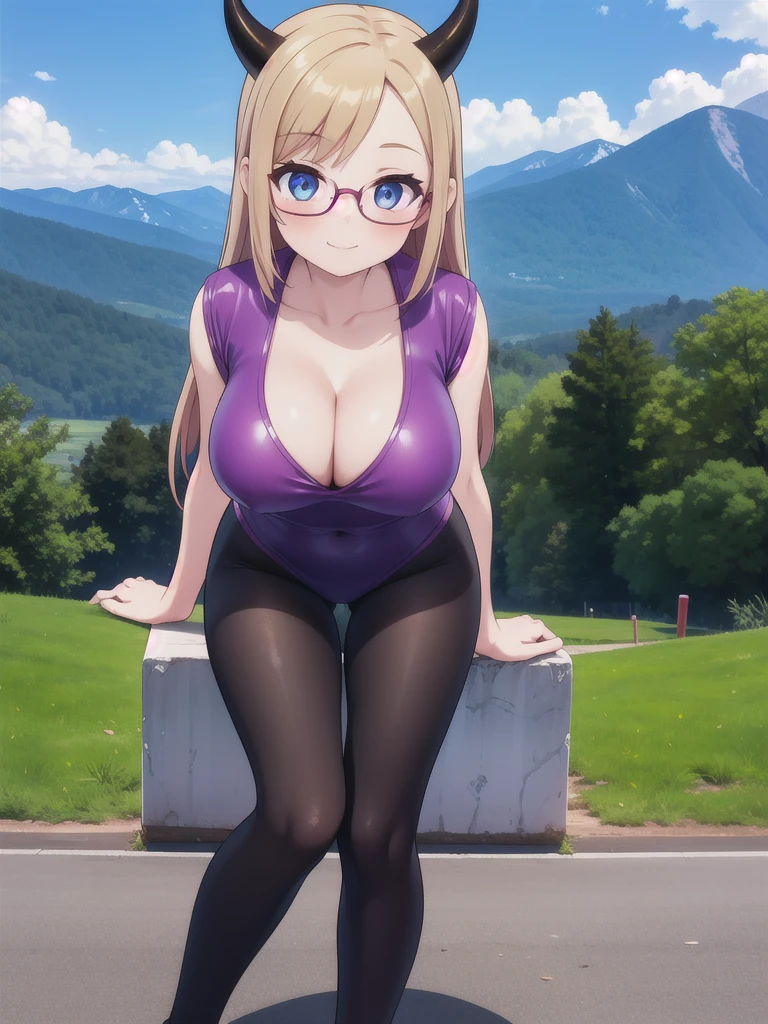 master-piece, bestquality, 1girls,16 years old, View viewers from front, sit, HD, slight smile, big tits, cleavage, tights cloth, swuimsuit, tiny body, outdoor, mountain, horn, glasses, leaning forward