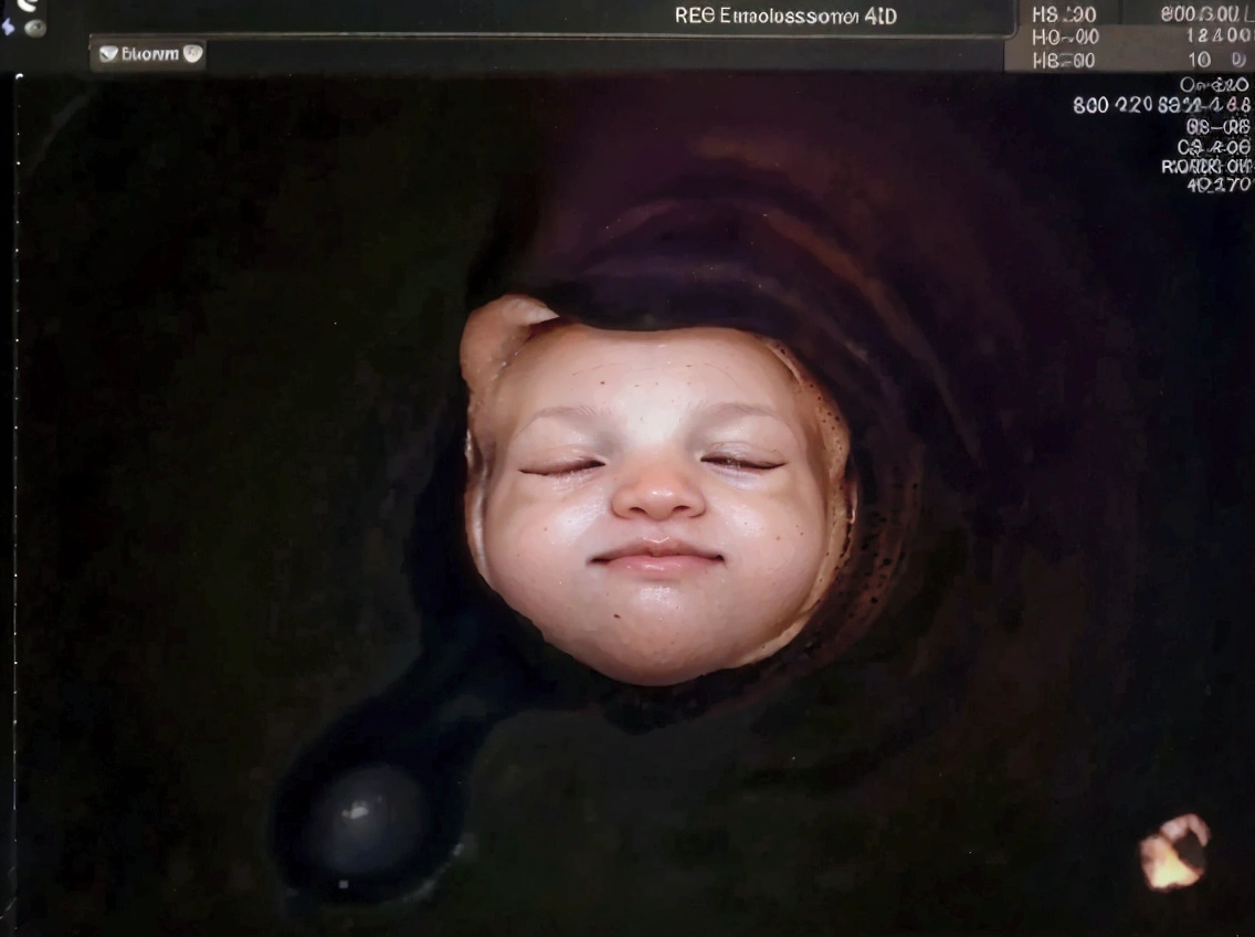 Enhance this 4D ultrasound image of a 32 weeks fetus. Arafed image of a baby's face, fetus, high-resolution scan, Very chromatic aberration, extremely high-quality scan, Hyper-realistic simulation, high-quality scan, Bump mapping, High-quality 3D realism, simetry! human fetus, Realistic flesh texture, Heavy JPEG artifact blurred, Highly realistic bump mapping, high-resolution scan. A close-up image of a head with an image of a 32 weeks fetus, high-resolution scan, high-resolution scan, Escaneo 4K, Escaneo 4K, Escaneo HD, fetus, Close - IP shot, Tapa de pantalla, Medical imaging, Highly coherent image, Detailed analysis, screen capture, extremely high-quality scan, 8K scan, 8K scan, Detailed screen capture. face in profile. eyes closed