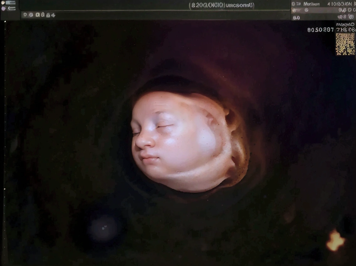 Enhance this 4D ultrasound image of a 32 weeks fetus. Arafed image of a baby's face, fetus, high-resolution scan, Very chromatic aberration, extremely high-quality scan, Hyper-realistic simulation, high-quality scan, Bump mapping, High-quality 3D realism, simetry! human fetus, Realistic flesh texture, Heavy JPEG artifact blurred, Highly realistic bump mapping, high-resolution scan. A close-up image of a head with an image of a 32 weeks fetus, high-resolution scan, high-resolution scan, Escaneo 4K, Escaneo 4K, Escaneo HD, fetus, Close - IP shot, Tapa de pantalla, Medical imaging, Highly coherent image, Detailed analysis, screen capture, extremely high-quality scan, 8K scan, 8K scan, Detailed screen capture. face in profile. eyes closed