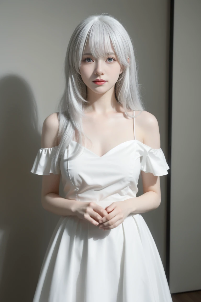 best quality, tmasterpiece,Ultra-high resolution,Clear face,(Reality:1.4),ferpect lighting,(upper body shot), (photorealistic:1.50), anime wallpaper, Guviz style artwork, cover-up fantasy up to magic, by Yang J, Guviz, beautiful artwork illustration, beautiful digital artwork, beautiful digital illustration, Li Song, beautiful anime portrait, art style in Beauvot, girl, long hair, (white hair), white dress, purple eyes, white collar, white sleeves,bare shoulders, off the shoulder, black pleated skirt, indoors,