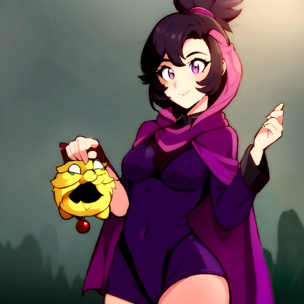 anime girl in a purple cape holding a yellow object, female protagonist 👀 :8, high quality fanart, muffet from undertale, detailed fanart, commission for high resolution, official fanart, Samira de League of Legends, annie from league of legends, must tear from the overlord, pokemon anime style, oc commission, background art, anime moe art style,with large and beautiful breasts, Her breasts can almost be seen through her clothes,your breasts are very prominent 