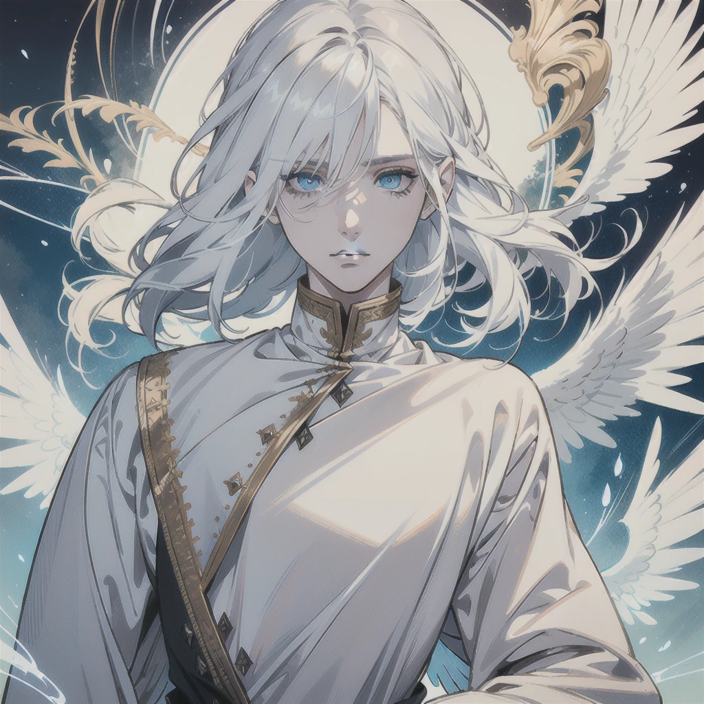 1 male, long white hair, male, white wings, angel, blue eyes, mature face, (soft coloring, dynamic shading), (extreamly delicate and beautiful:1.2), 8K,(masterpiece:1.0),(best_quality:1.0), 1 boy, and intricate detailing, Enlarged textures, and intricate detailing, finely eye and detailed face, and intricate detailing, equal eyes, best eyes
