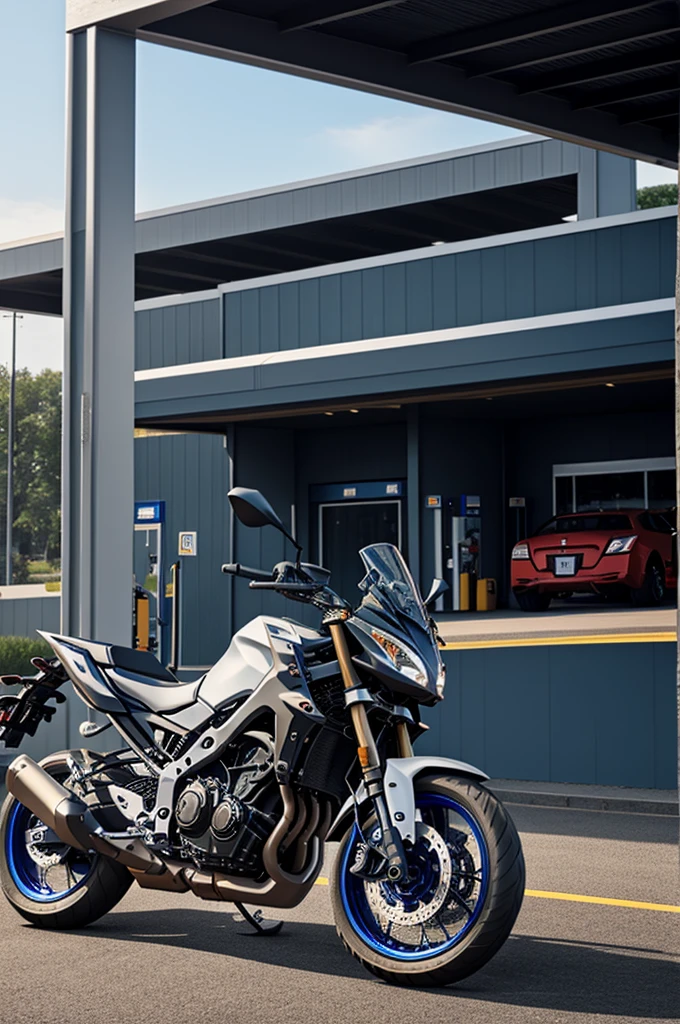 MT 09 Yamaha next to gray Nissan 350z with background at a gas station