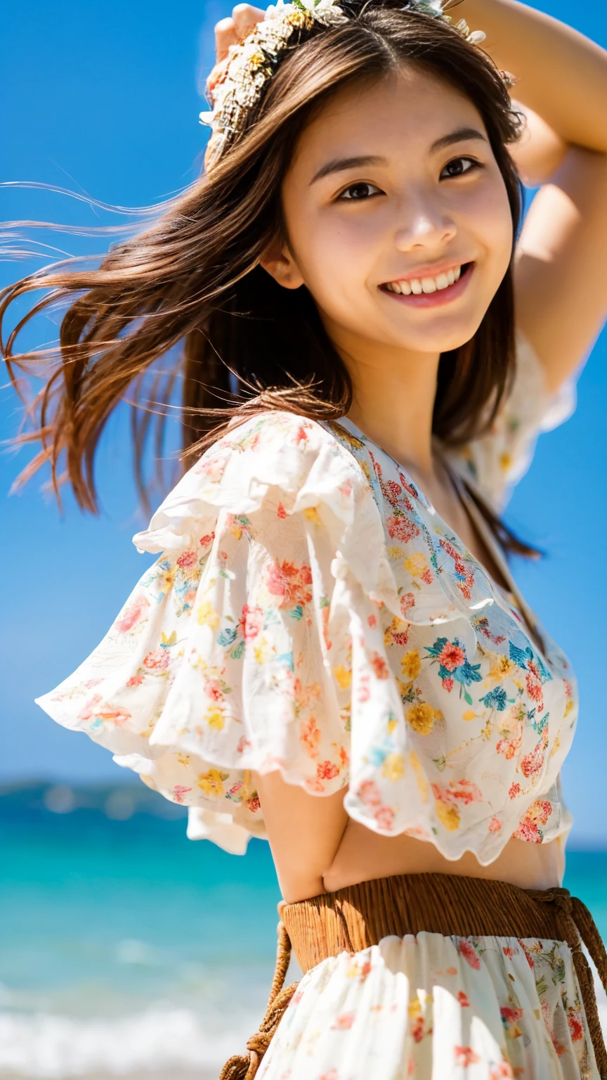 (masterpiece), (Highest quality), (Very detailed), (A 21 year old Japanese woman), (Summer clothes), Are standing, Fashion Model, View your audience, (Beach),Beautiful details, Delicate and beautiful face, floating,(The Shining), Focus on the face, Best lighting, Best Shadow,Brown hair with highlights、Smiling Kindly