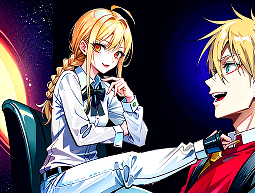 open mouth,(kiss),best quality, Crazy details,1 girl,1 boy, sit,In-flight and and (1 boy:1.4) blonde hair, appropriate (Chainsaw Man),and 1 person,hand (Chainsaw Man), best quality, Very detailed, 1 girl, , stand, red hair, long braided hair, golden eyes, smooth,, big girl, stare, smile, (evil:1.2),, hand (Chainsaw Man),shirt, Side lock, alone, uniform, white shirt, black tie, black pants