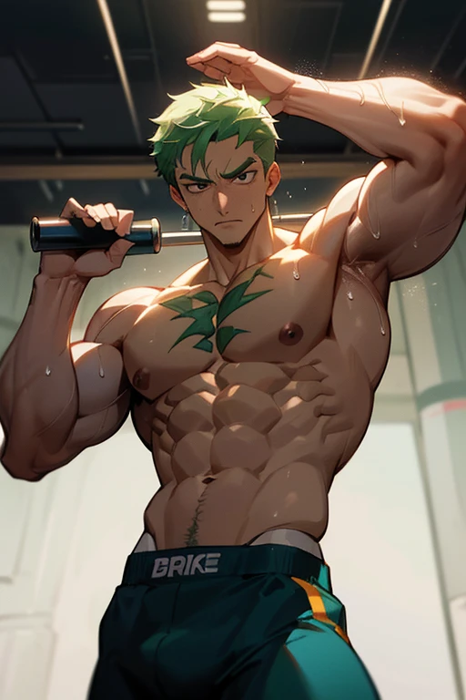 Roronoa Zoro from One Piece. Gym setting. Hypnotized to lift dumbbells. Lifting partners. Mindless. brainless. IQ drain. Bodybuilder jock conversion. Assimilation. Blank stares. Mouth hanging open. Colored. Vapid. Dull gaze. Glazed eyes. Dazed. Bruh. Brute. Impossibly large muscles. Sweaty. Vapor from armpits. Bodybuilder repeats hypnotic mantras in their ears. Hypnosis. Sweaty. Dumb jock. Musclehead. Meathead. Bro. Brainwashing. Brainwashed. Brain to brawn. Meatheadosis. Gym rat. Hyper biceps. Hyper triceps. Hyper traps. Hyper pecs. broad shoulders. Hyper muscles. Huge bulging crotch. Hyper crotch bulge. Massive crotch bulge. Dumb jock bro. Repeating mantra in trance with dull blank dimwitted dumb stare over and over again. "I sweat for Coach... I flex for Coach.... I listen and obey.... The armpits, bro, where hair must grow. Present them every day... Your big dumb jock whose muscles rock.... I hear, and I obey.... Yes, Coach. Dumb jock must stay...." Thick hairy armpits. Hirsute.