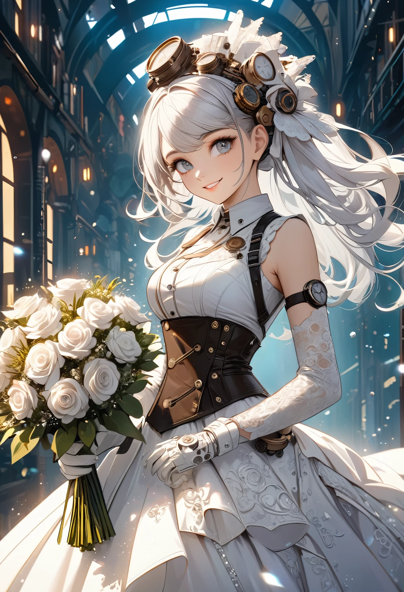Highest quality, Super quality, 16K, Incredibly absurd, Very detailed, 2.5D, delicate and dynamic, Beautiful woman, Captivating smile, Pure white wedding dress, Great style, bouquet, steampunk, Dieselpunk, Clockpunk, cyber punk, Glitter effect
