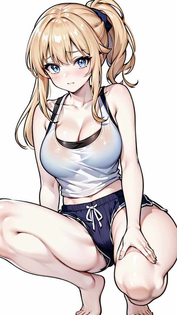 1girl, long blonde hair, blue eyes, wearing blue tank top and black dolphin shorts, no background, absurdres, high res, ultrasharp, 8K, masterpiece, long legs, large breasts, thicc thighs, thighs shown, blushing, short shorts, barefoot, perfect hands, large ass, blushing, perfect hands, super closeup, large cleavage, wedgie, bra under tank top, tank top, anime line art, lineart, squatting on floor, squatting down, long legs, ponytail, tight dolphin shorts, light blue tank top, light blue tank top, squatting down, spread legs, open legs, one girl, butt shown, cross armed, cameltoe, squatting down, wedgie, facing viewer, viewer from front, front view, looking straight at camera, fingering, fingers in shorts, touching herself, female masturbation, reaching in shorts, squirting, embarrassed, fingering herself
