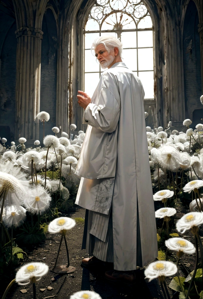a white-haired man has his back to the audience. Amidst blood-stained dandelions