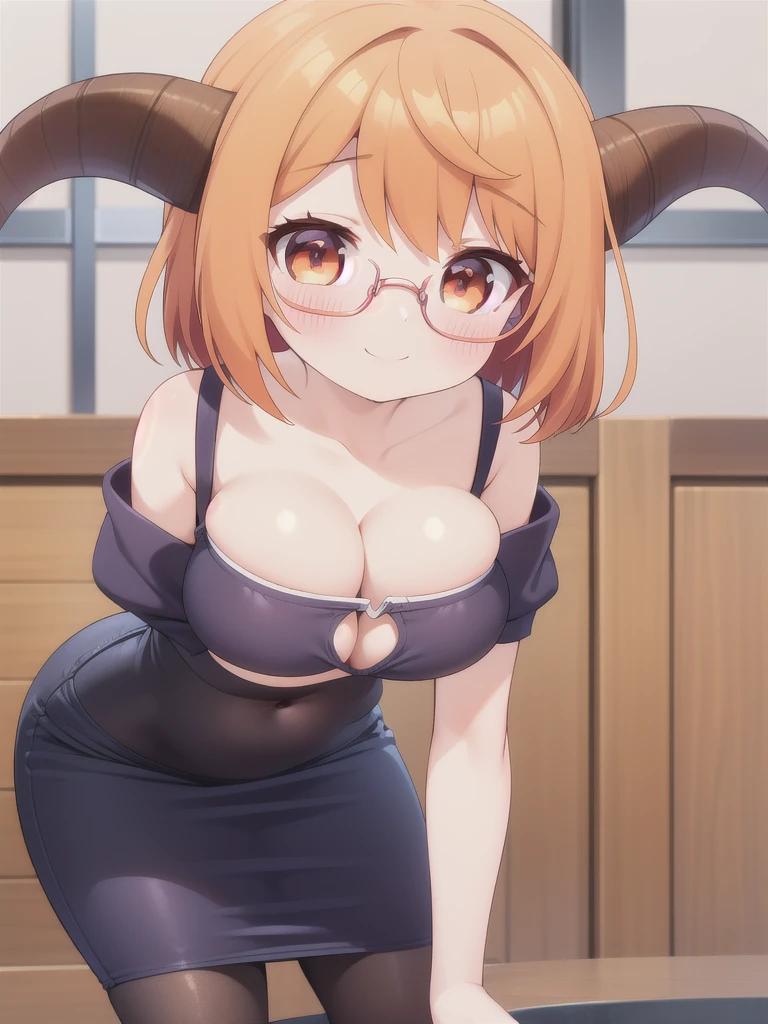 master-piece, bestquality, 1girls,, View viewers from the up, sit down, leaning forward, horny, HD, s smile, big tits, cleavag orange hats cloth, crop top, miniskirt, heart shape pupille, horns, tiny body, wear glasses,
