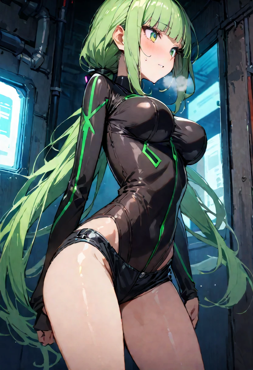 ((masterpiece,Highest quality:1.3)),cowboy shot,1woman,30 year old beauty,Investigator、独奏,(very small head:1.3),green hair,(low ponytail),long hair,blunt bangs,green eyes,gorgeous eyes,shy,Heavy breathing、medium breasts,(very long body:1.2),(toned body,slender body,skinny),gleaming skin,shiny skin,(Black leather high leg bodysuit、Green Line、Long sleeve,Micro Shorts),barefoot、(Black leather combat boots)、Wet crotch、squatting,incontinence、peeing,Dark back alley、Metropolis、cyber punk、World of Blade Runner、