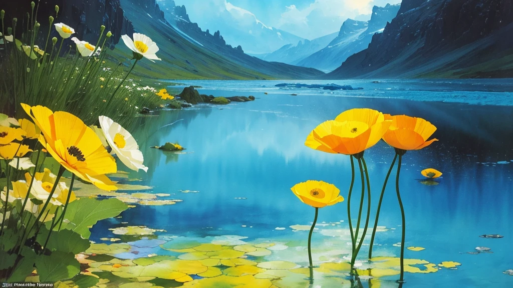 32k, Masterpiece, Highest quality, One girl, Detailed eyes, flower,Iceland Poppy, Blue and yellow style,A dreamy, romantic piece,Pale yellow, Mysterious Leaves,A playful arrangement,Fantasy,High Contrast,Ink strokes,explosion,Exposure, Impression of blue and yellow tones,Abstract,((Watercolours by John Berkey and Jeremy Mann )) Brush strokes,Negative Space, Tyndall effect,