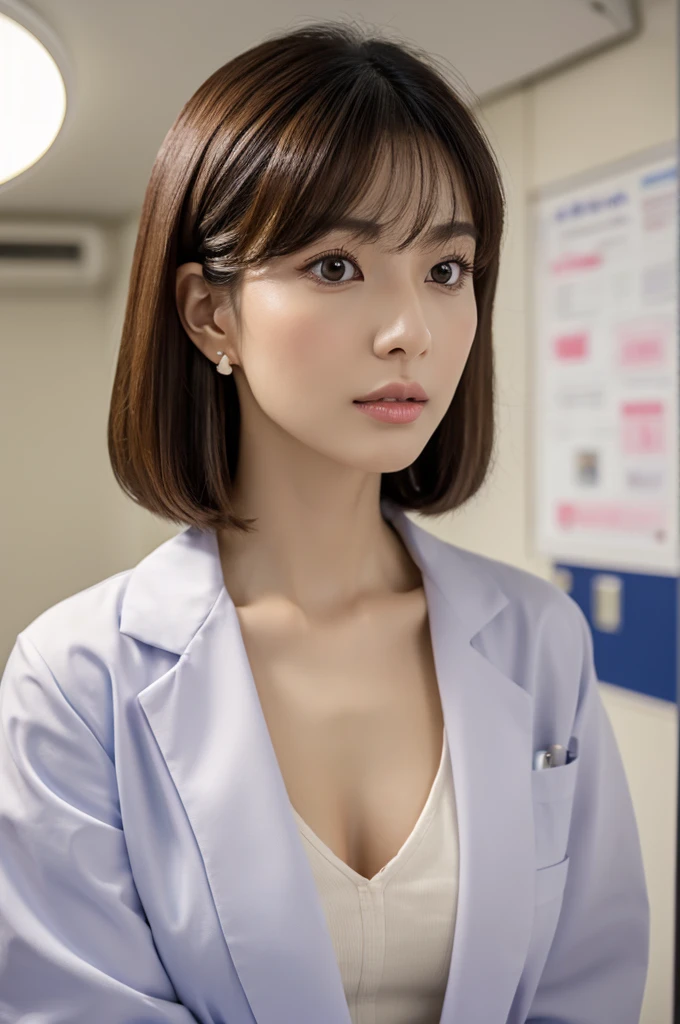 Hospital examination room, female doctor, ((full body)), ((photo)), ((best qualtiy, 8K, tmasterpiece: 1.3)), Focus: 1.2, perfect figure beautiful woman: 1.4, 1woman, cowboy shot, look at viewer, eyes facing the camera, incredibly absurd, beautiful and cute woman with a photorealistic face, showcasing top-quality craftsmanship, Japanese woman examining in a hospital examination room, 29 years old, hairstyle is a straight bob with long bangs, glossy black hair parted in the middle, thick and voluminous, elegant, fair and clear skin, large brown eyes, cool expression, long eyelashes, neat eyebrows, high nose, thin lips, natural complexion, fine skin, oval face, plump cheeks, long neck, small ears, beautiful nape, tall, slender, delicate, muscular and thin, slim frame, long and slender limbs, long fingers, large breasts of E cup, dressed as a doctor in a white coat, high heeled pumps, natural makeup, gold necklace, small earrings, watch on left arm, pretty older woman, beautiful, neat, cute voice, calm, gentle, responsible, professional, studious, kind, October
