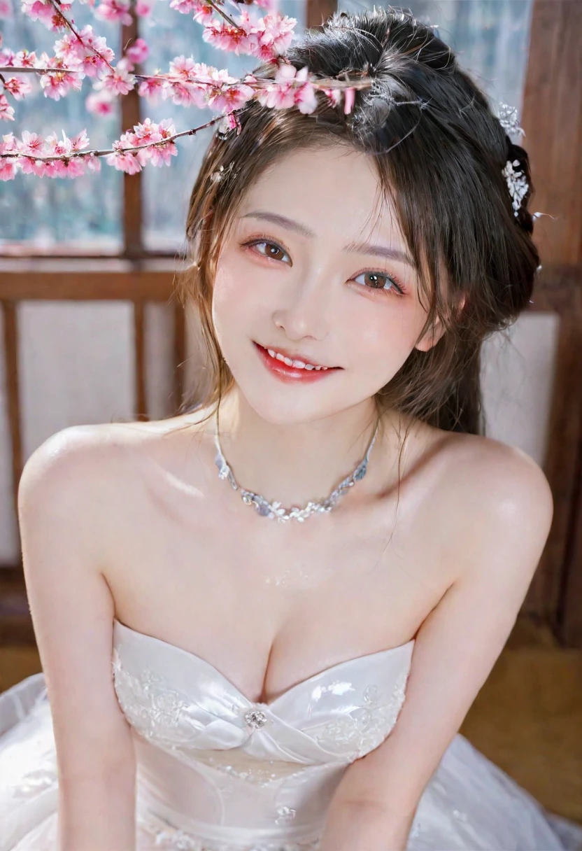 best qualtiy， Ultra-high resolution， （realisticlying：1.4），Baoyu Girl，Stand in the wedding hall，Wearing a wedding dress bust：1.5） ，A pair of clear and moving peach blossom eyes, Royal Sister，sunshine on face, wavy hairstyle，（choker necklace：1.2），（Fair skin：1.4），a sense of atmosphere，a beauty girl， Charming smile，head straight-looking at viewer， closeup cleavage ，(Photorealistic:1.4),1girll,sexly,(Upper body:1.4),(Wet body),(:1.2)