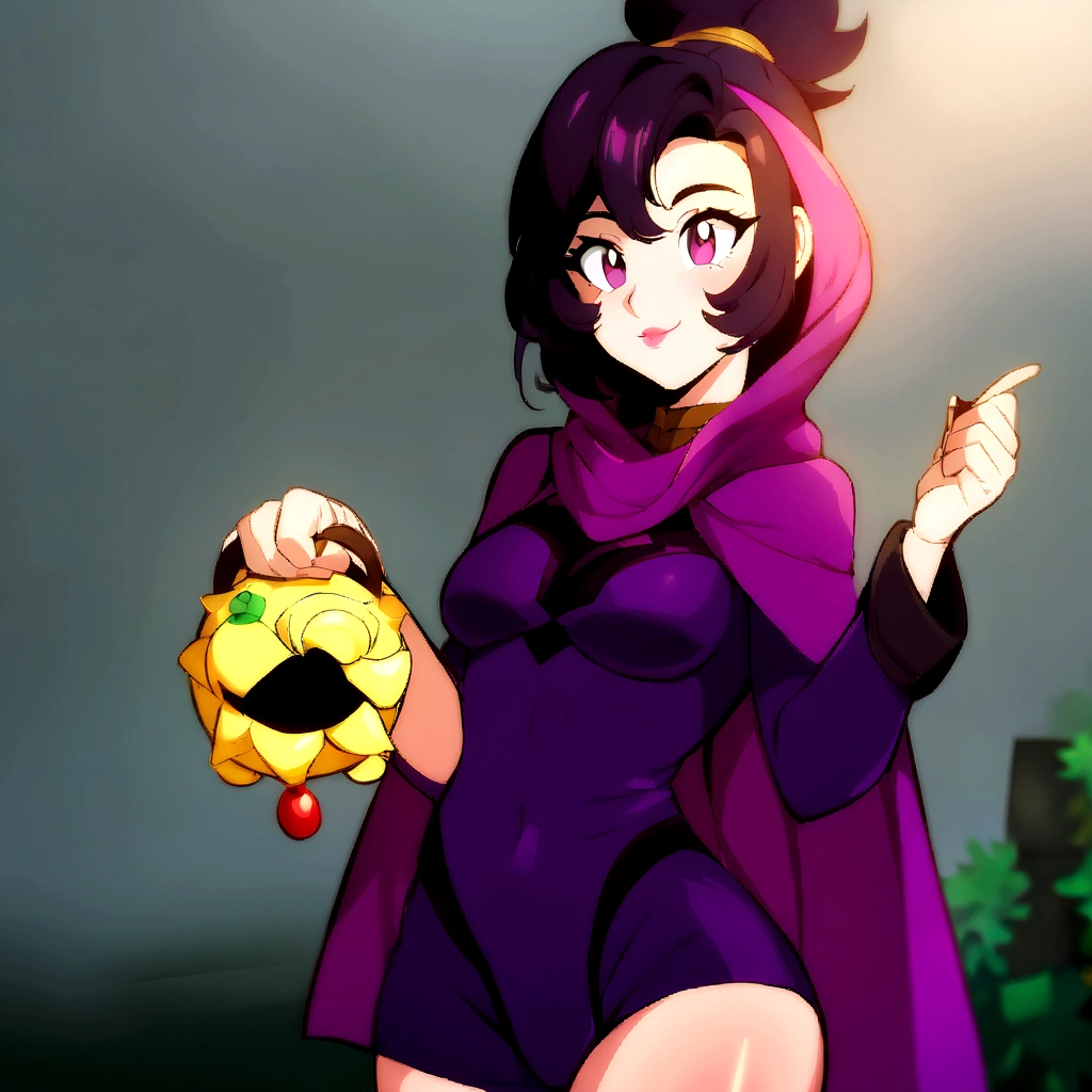 anime girl in a purple cape holding a yellow object, female protagonist 👀 :8, high quality fanart, muffet from undertale, detailed fanart, commission for high resolution, official fanart, Samira de League of Legends, annie from league of legends, must tear from the overlord, pokemon anime style, oc commission, background art, anime moe art style,with large and beautiful breasts, Her breasts can almost be seen through her clothes,your breasts are very prominent