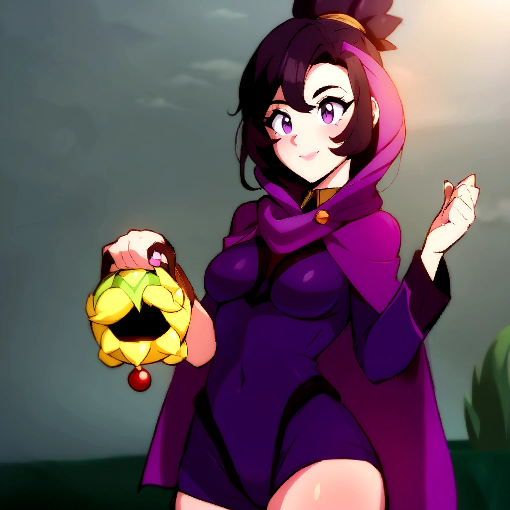 anime girl in a purple cape holding a yellow object, female protagonist 👀 :8, high quality fanart, muffet from undertale, detailed fanart, commission for high resolution, official fanart, Samira de League of Legends, annie from league of legends, must tear from the overlord, pokemon anime style, oc commission, background art, anime moe art style,with large and beautiful breasts, Her breasts can almost be seen through her clothes,your breasts are very prominent