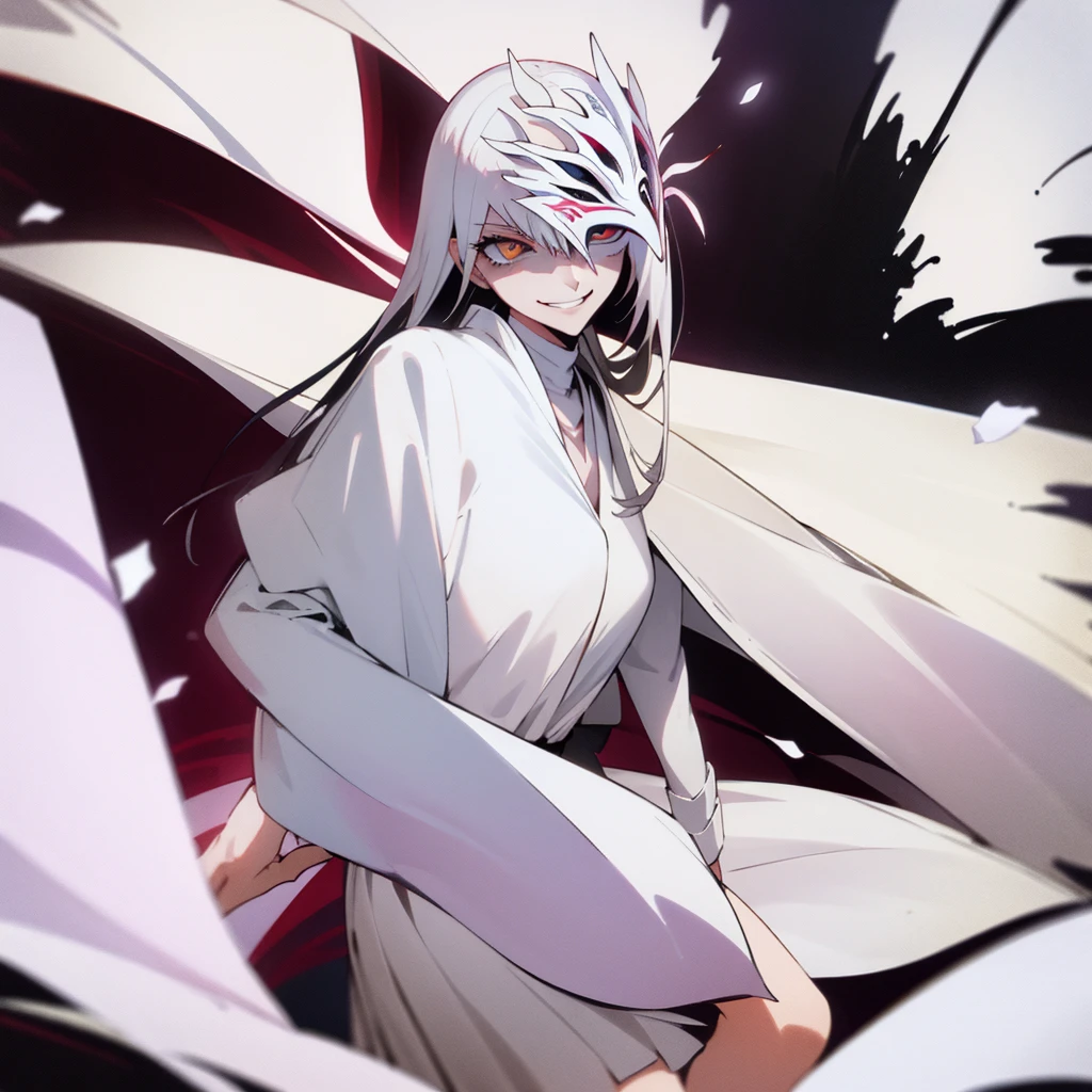 1 girl, dark white hair, villain, smile, psychopath, psychopath smirk, straight hair, (((noble cloth))), short skirt, white cloth, white poker mask, white tuxedo, masked, with mask on face