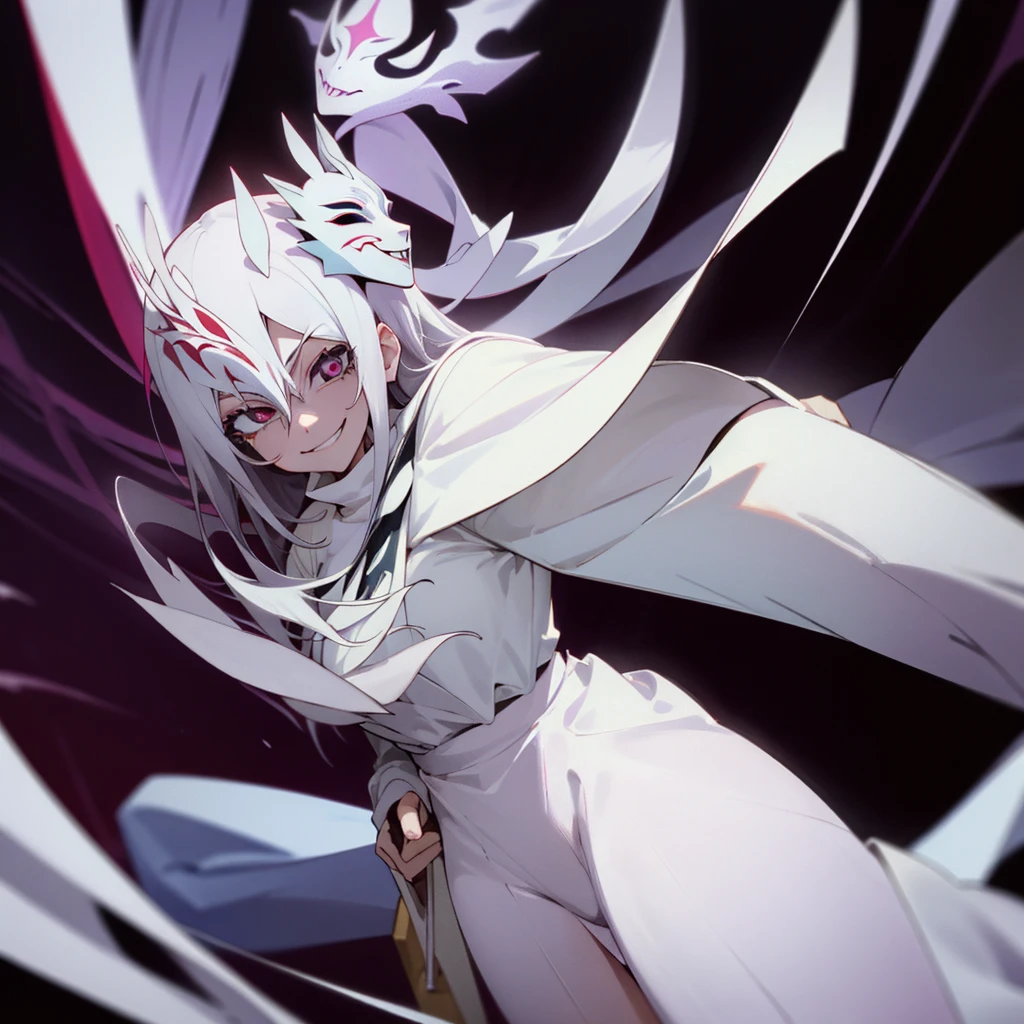 1 girl, dark white hair, villain, smile, psychopath, psychopath smirk, straight hair, (((noble cloth))), short skirt, white cloth, white poker mask, white tuxedo, masked, with mask on face