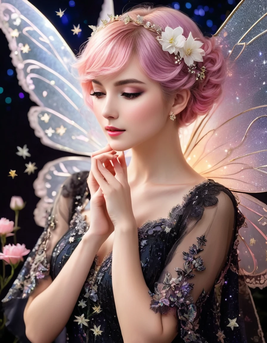 A delicate fairy with short pink hair styled in a loose bun adorned with flowers, wearing a black and white lace dress with intricate details. She has large, translucent wings that sparkle with iridescent colors against a dark, starry background. The lighting highlights her ethereal beauty and the intricate lace of her dress. The fairy's pose is elegant, with one hand gently touching her face and a soft, dreamy expression. The overall image has a magical, enchanting atmosphere with vibrant colors and fine details. (Distant full body view:1.8), (View from side:1.5), Hyper realistic photo, vibrant colors, 16k