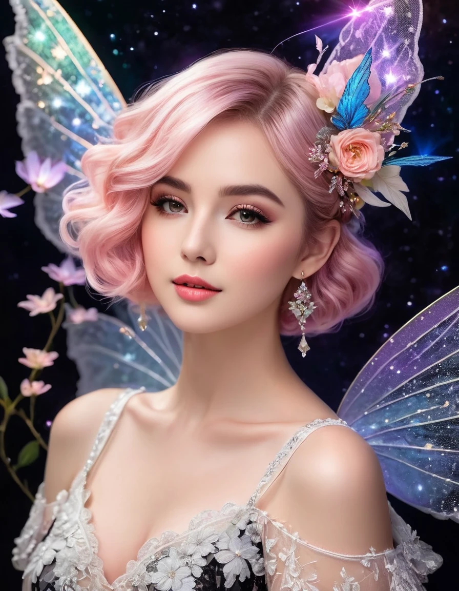 A delicate fairy with short pink hair styled in a loose bun adorned with flowers, wearing a black and white lace dress with intricate details. She has large, translucent wings that sparkle with iridescent colors against a dark, starry background. The lighting highlights her ethereal beauty and the intricate lace of her dress. The fairy's pose is elegant, with one hand gently touching her face and a soft, dreamy expression. The overall image has a magical, enchanting atmosphere with vibrant colors and fine details. (Distant full body view:1.8), (View from side:1.5), Hyper realistic photo, vibrant colors, 16k