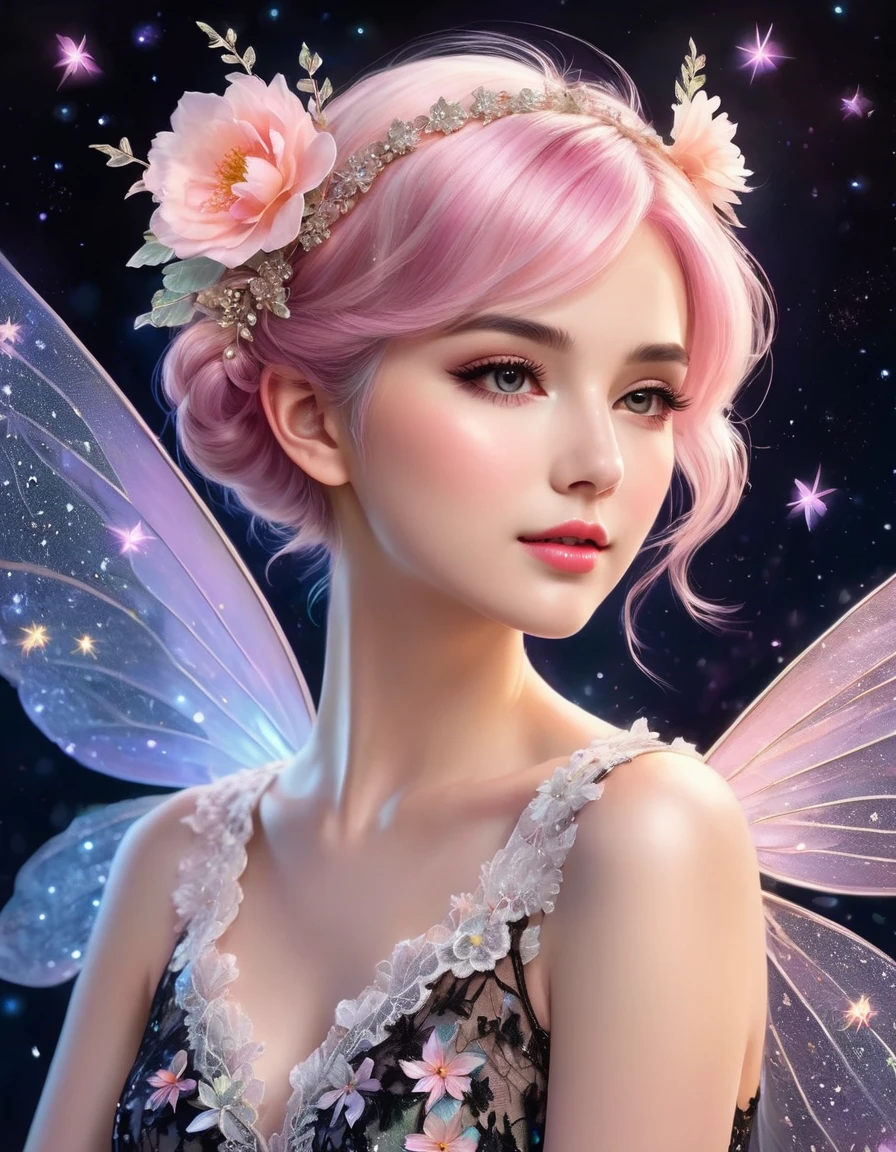 A delicate fairy with short pink hair styled in a loose bun adorned with flowers, wearing a black and white lace dress with intricate details. She has large, translucent wings that sparkle with iridescent colors against a dark, starry background. The lighting highlights her ethereal beauty and the intricate lace of her dress. The fairy's pose is elegant, with one hand gently touching her face and a soft, dreamy expression. The overall image has a magical, enchanting atmosphere with vibrant colors and fine details. (Distant full body view:1.8), (View from side:1.5), Hyper realistic photo, vibrant colors, 16k