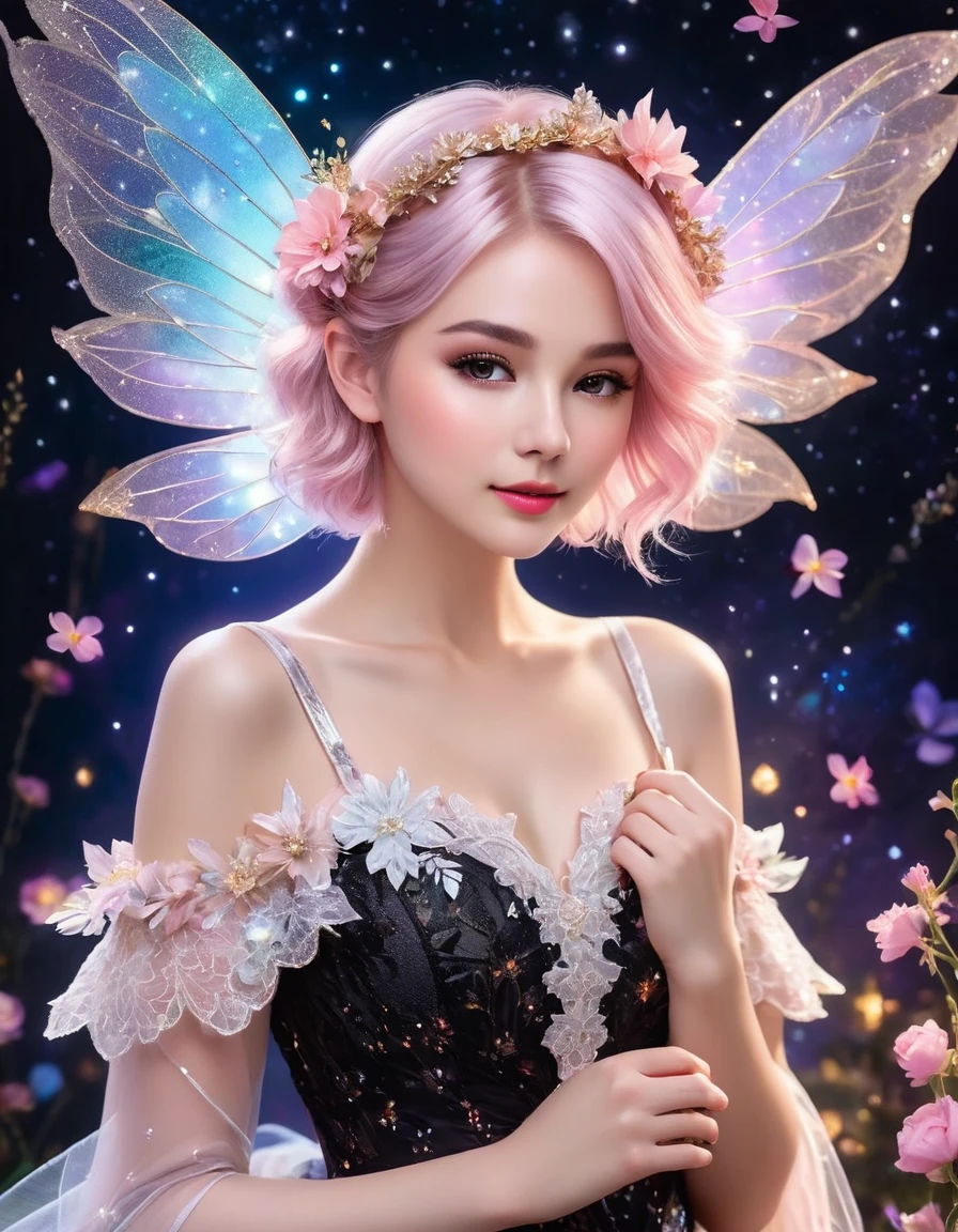 A delicate fairy with short pink hair styled in a loose bun adorned with flowers, wearing a black and white lace dress with intricate details. She has large, translucent wings that sparkle with iridescent colors against a dark, starry background. The lighting highlights her ethereal beauty and the intricate lace of her dress. The fairy's pose is elegant, with one hand gently touching her face and a soft, dreamy expression. The overall image has a magical, enchanting atmosphere with vibrant colors and fine details. (Distant full body view:1.8), (View from side:1.5), Hyper realistic photo, vibrant colors, 16k