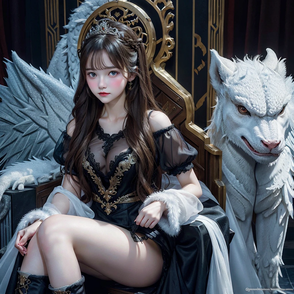 1girl, bare shoulders, flat_chest, beautiful detailed cold face, feathers, red hair, very long splinter, black feathers floaing, wavy hair, white sleeves, choker, angel wings chains, gold fringes and splinters, one (black hole) behind the girl, a triple silver crown encrusted with obsidian, (sit) on black ((throne)), (depth) of (field),