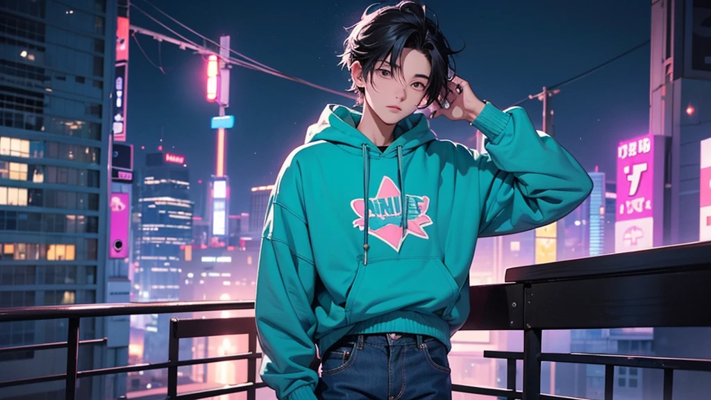 Create an anime-style image of a cool and stylish boy holding a skateboard and wearing earphones in an urban night setting. The boy should be dressed in trendy, casual clothes, such as a hoodie, ripped jeans, and sneakers. The background should depict a vibrant cityscape at night, with neon lights, tall buildings, and a few stars visible in the sky. The overall atmosphere should be cozy and relaxed, with soft lighting and a color palette that includes blues, purples, and hints of neon pink and green. The boy should have a confident and calm expression, embodying the chill vibes of lofi music.