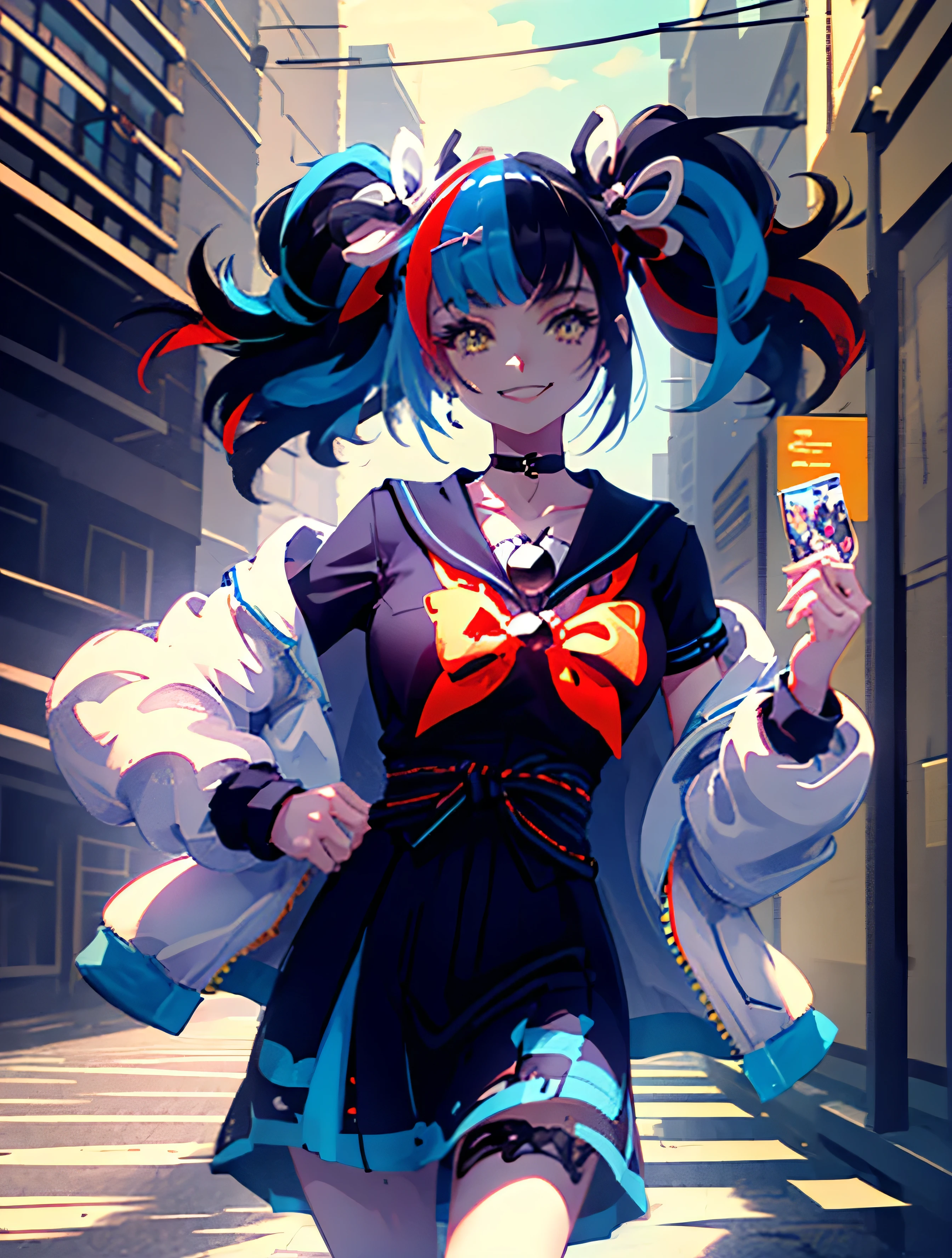 absurdres, uhd, best quality, CG, HDR, 1girl, cowboy shot, sei, white jacket with black flowers on sleeves, sailor collar, black serafuku, black shirt, black kimono skirt with blue hem, obi, twintails, smiling, city, sidewalk, buildings, daytime,