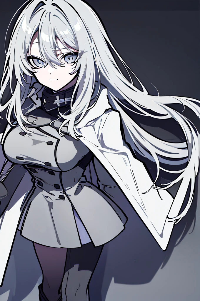 ((Pixiv)),(masterpiece_portrait),(Color Field),(Cyberpunk),(Full Metal Panic),(10s-anime-aesthetic), 1girl, light smile, curvy, large breasts, sharp face, spiked_hair, two-tone hair, white hair, gray hair, hair between eyes, very_long_hair, half closed eyes, sky blue eyes, Closed mouth, reaching out, cowboy shot, Standing, Clenched_hand, Black leotard, Over-kneehighs, White Overcoat, capelet, high_heel_boots