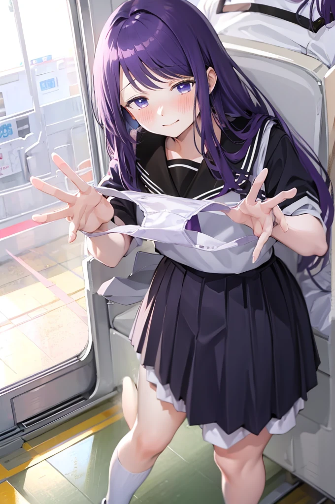 Holding white panties、、Take off the white panties、Smirking face、Black Skirt、Light purple hair、Semi-long hair、、Japanese school uniform、schoolgirl、on the train、Strap、、８K,Masterpiece、Light purple hair、Semi-long hair、、Japanese 、、、、、白色のShowing panties、、Blushing、、Showing panties、Pull up your skirt、Blushing、on the train、Strap