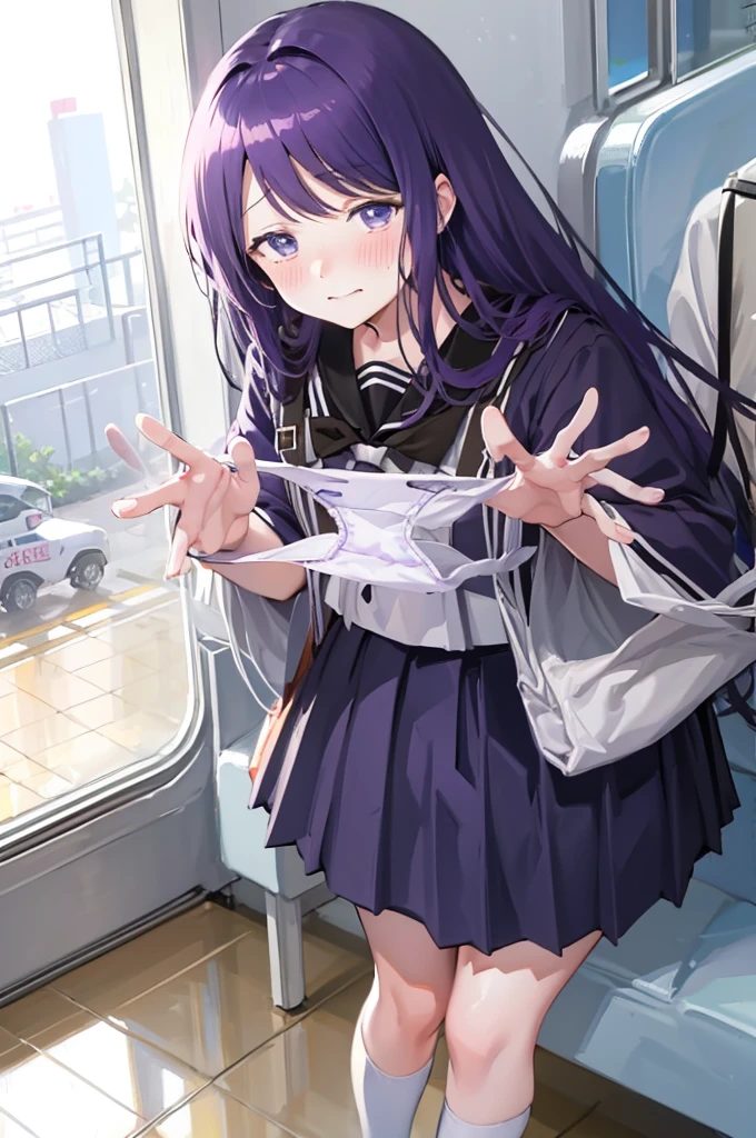 Holding white panties、、Take off the white panties、Smirking face、Black Skirt、Light purple hair、Semi-long hair、、Japanese school uniform、schoolgirl、on the train、Strap、、８K,Masterpiece、Light purple hair、Semi-long hair、、Japanese 、、、、、白色のShowing panties、、Blushing、、Showing panties、Pull up your skirt、Blushing、on the train、Strap