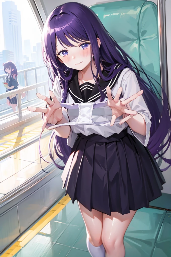 Holding white panties、、Take off the white panties、Smirking face、Black Skirt、Light purple hair、Semi-long hair、、Japanese school uniform、schoolgirl、on the train、Strap、、８K,Masterpiece、Light purple hair、Semi-long hair、、Japanese 、、、、、白色のShowing panties、、Blushing、、Showing panties、Pull up your skirt、Blushing、on the train、Strap