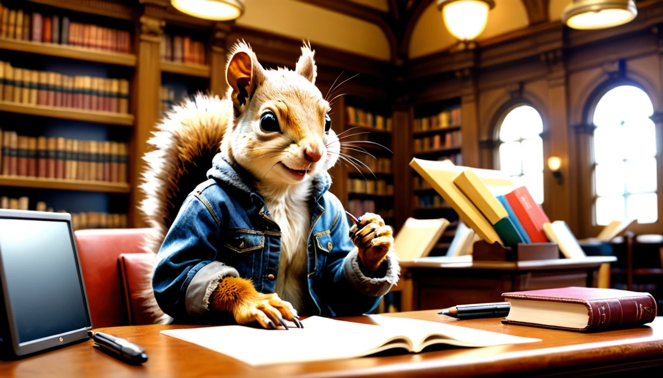 (photography film style), anthropomorphic, cute little squirrel, , library, studying, 2D, colorful, warm atmosphere, shiny, Jean-Baptiste Monge style, Alan Lee style