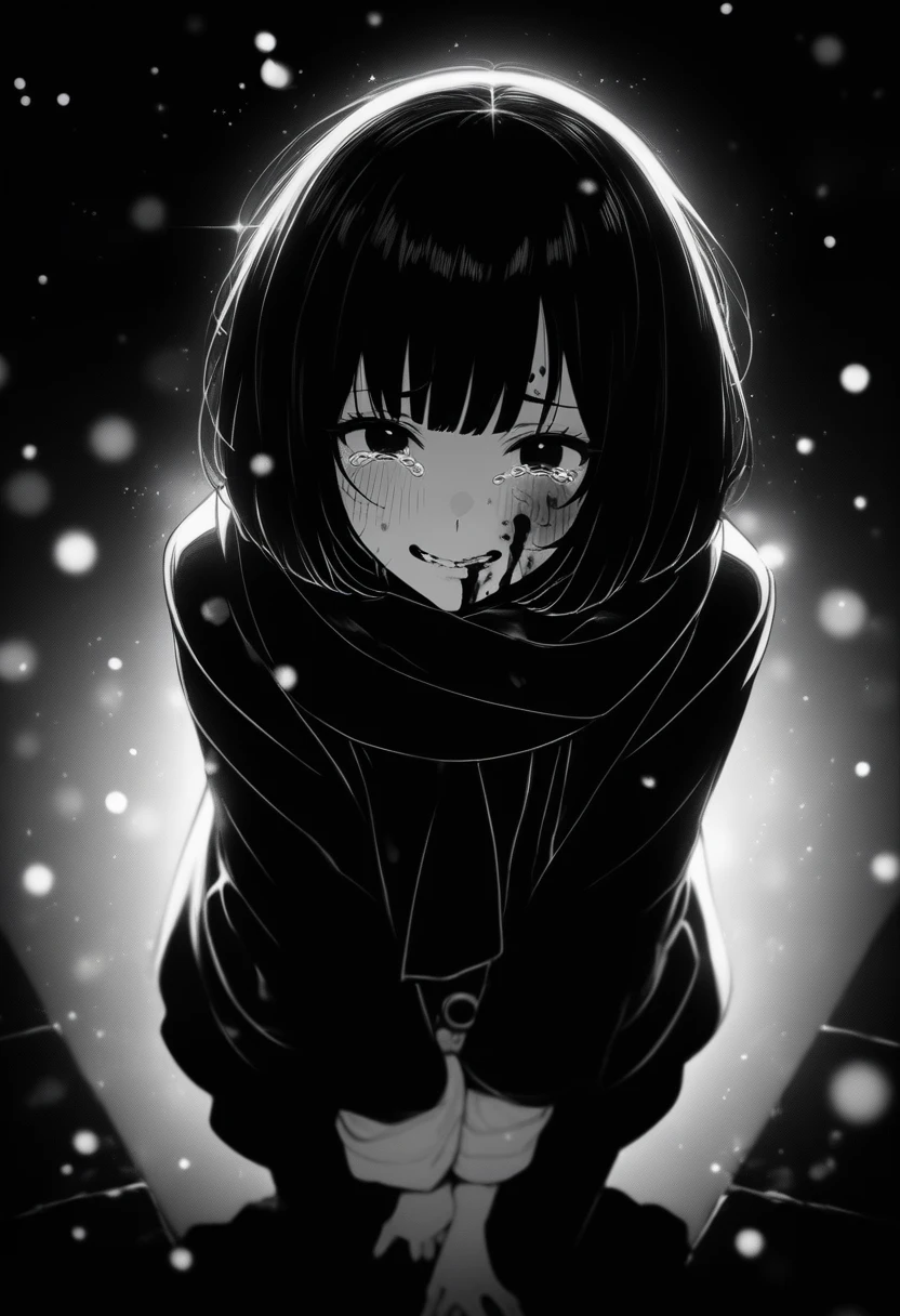 masterpiece, best quality, 1girl, momose_(oqo) official art, grayscale, manga style, japanese, chi no wadachi, black eyes, street, iced, black hair, schoolbag, smile, crying, tears, tears streaming, blood, blood_from_mouth, bruise, nosebleed, lineart, face against the ground, looking at viewer, blood on face, black coat, black scarf, 35 years old, mature_female:1, tall, fair skinned, bokeh background, streaming, bob cut, light particles, centered, snowing, emotional anime scene, (very aesthetic, best quality, ultra detailed), intricate details, red and blue lights flashing, camera glare, from above
