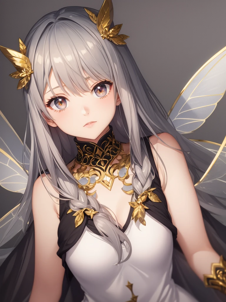 1girl, gray hair, gold eyes, fairy wings