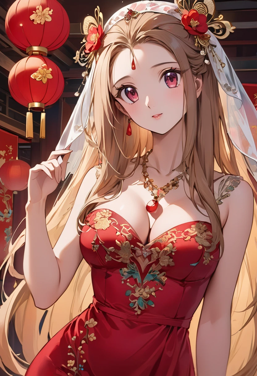 Very long hair,（（（Eyes are very delicate）））（（（hair accessory）））（（（Veil）））,necklace,Misako is wearing a sexy, sheer red silk dress., ((Skin glows))The room is filled with Chinese New Year decorations（（（masterpiece）））, （（Highest quality））, （（Intricate details））, （（Surreal））（8K）, change