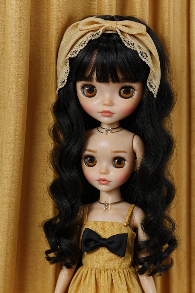 Create a Blythe doll, with dark hair, a little below the shoulders, brown eyes and tan skin.