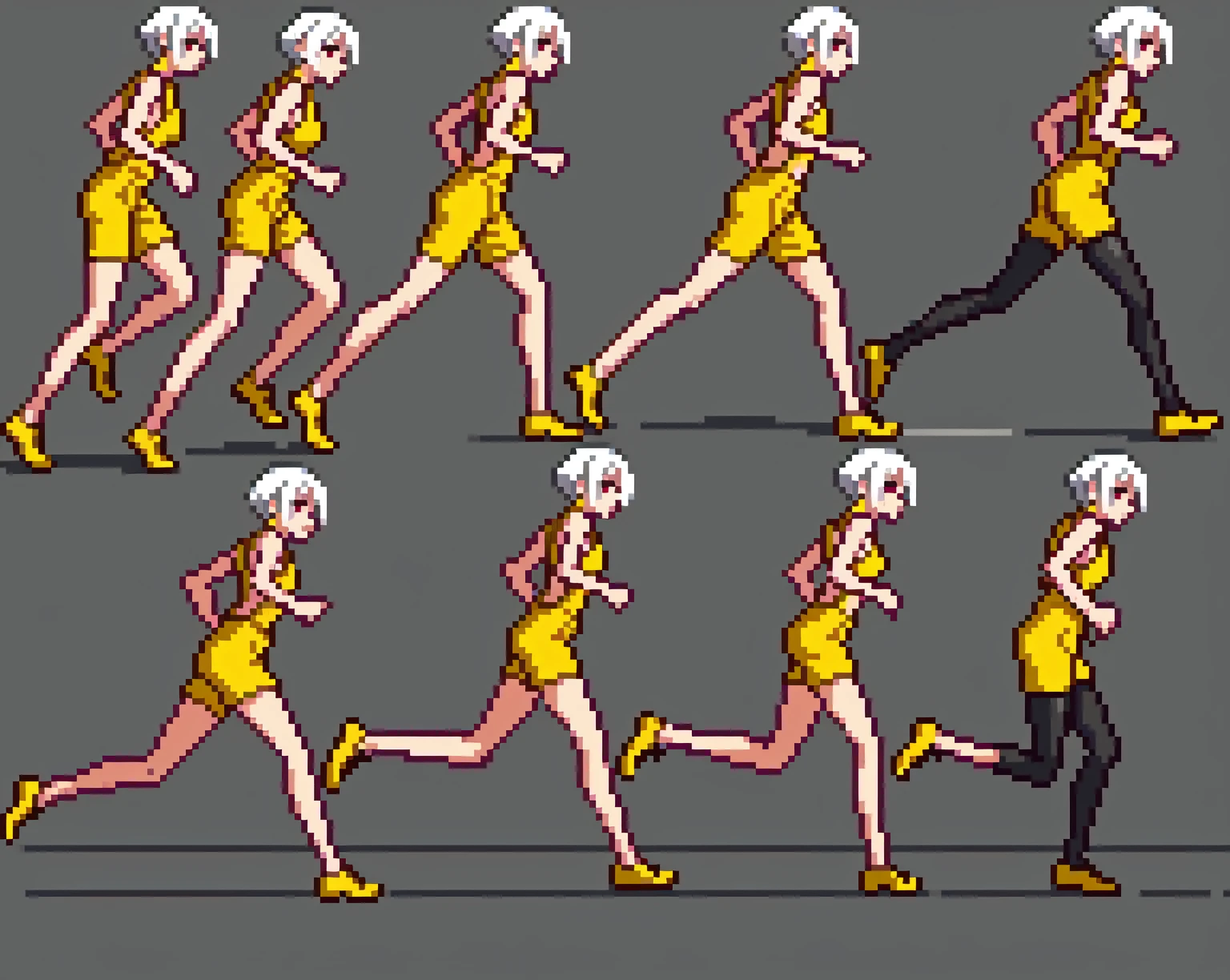 masterpiece, best quality,1girl, ((young girl)), ((large round magical red eyes)), shiny skin, (thin waist), (white hair), ((curvy)), ((wide hips)), ((hoop earrings)), ((small)) , (((yellow overalls))), hot, soft natural lighting, reflections, bright illuminations, deep dark black skin, ((yellow outfit)), full body, running