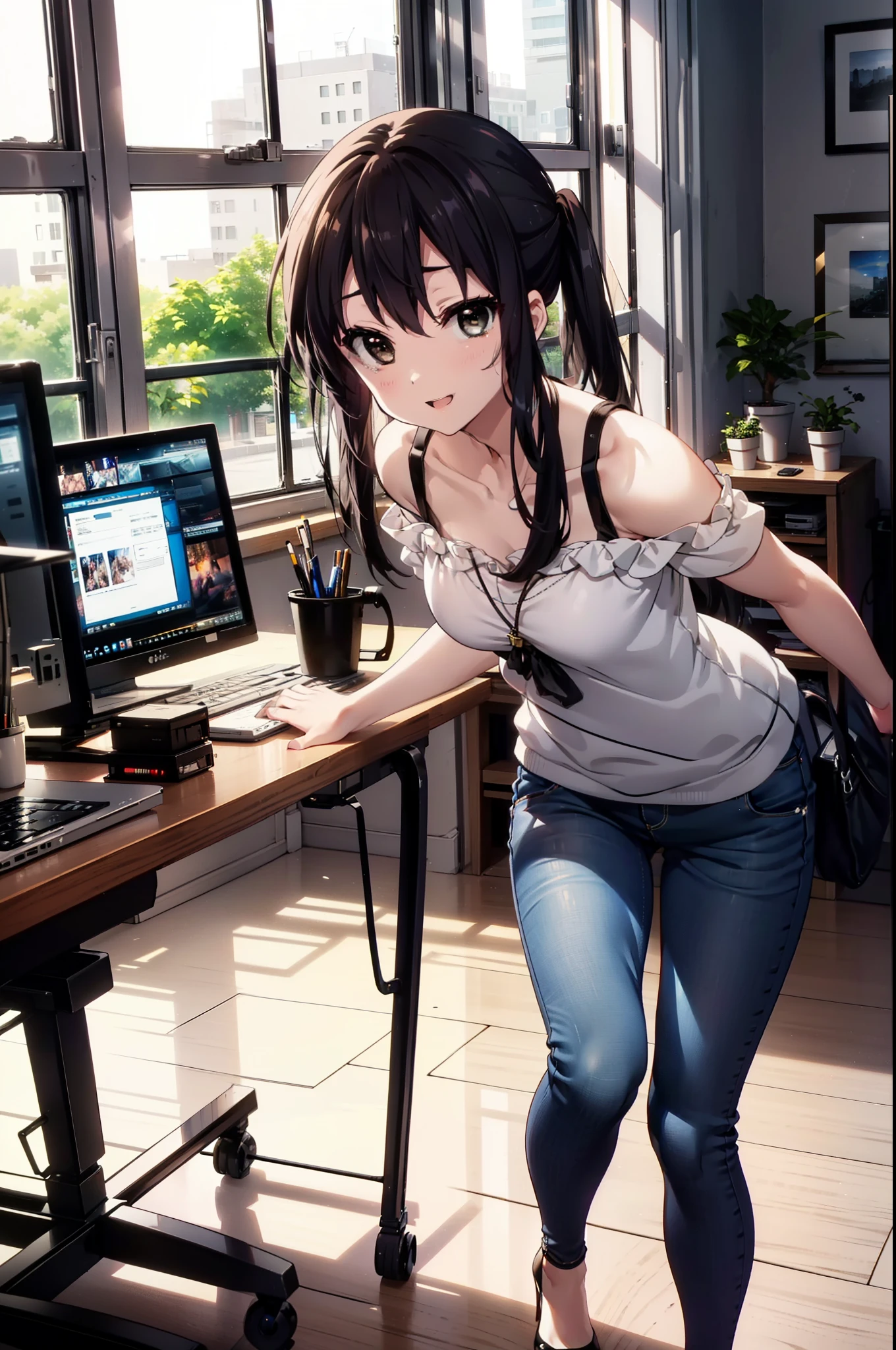 meet, Azusa Nakano, Black Hair, (Brown eyes:1.5), Long Hair, Straight Hair,Cold shoulder tops,Short sleeve,Skinny jeans,Stiletto heels,happy smile, smile, Open your mouth,interior,There is a computer on the table,Walking,So that the whole body goes into the illustration,昼間
break indoors, office,
break looking at viewer,
break (masterpiece:1.2), Highest quality, High resolution, unity 8k wallpaper, (figure:0.8), (Beautiful attention to detail:1.6), Highly detailed face, Perfect lighting, Highly detailed CG, (Perfect hands, Perfect Anatomy),