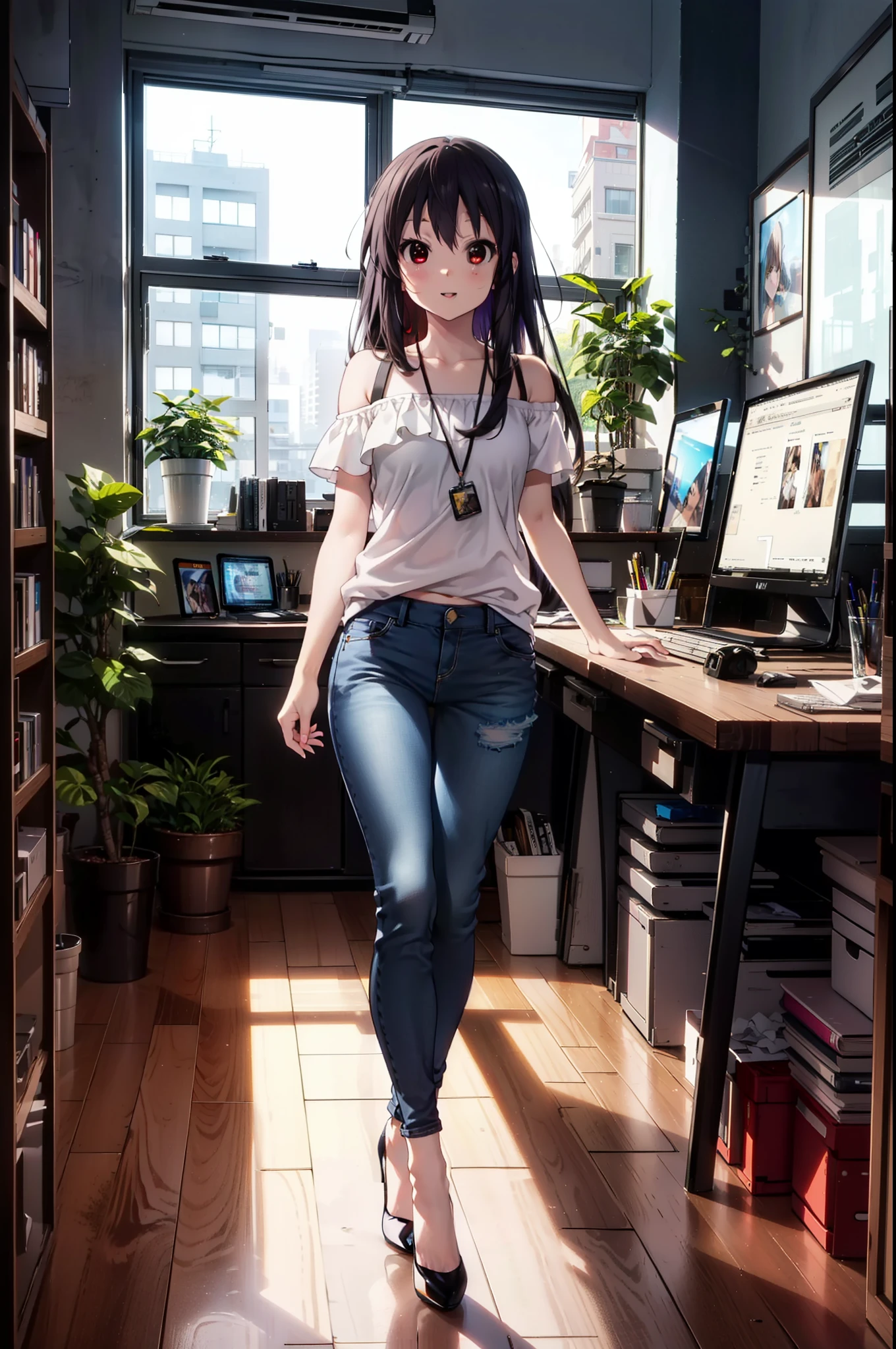 meet, Azusa Nakano, Black Hair, (Brown eyes:1.5), Long Hair, Straight Hair,Cold shoulder tops,Short sleeve,Skinny jeans,Stiletto heels,happy smile, smile, Open your mouth,interior,There is a computer on the table,Walking,So that the whole body goes into the illustration,昼間
break indoors, office,
break looking at viewer,
break (masterpiece:1.2), Highest quality, High resolution, unity 8k wallpaper, (figure:0.8), (Beautiful attention to detail:1.6), Highly detailed face, Perfect lighting, Highly detailed CG, (Perfect hands, Perfect Anatomy),