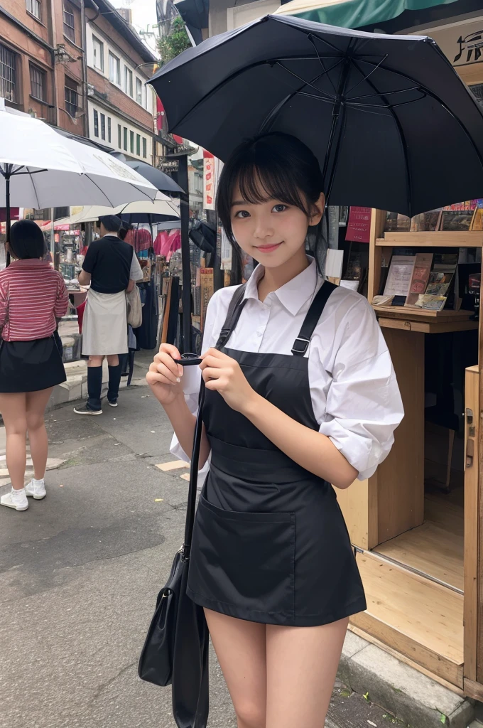 A 20-year-old girl selling umbrellas with umbrellas lined up(Wearing a miniskirt and apron)