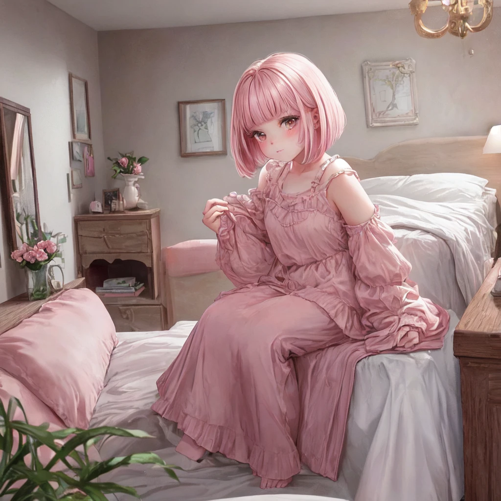 An 8-year-old girl is sitting in her room. She has blunt bangs and a bob haircut, with pale pink hair. She is wearing light blush on her cheeks and has a cute, youthful face. She is dressed in casual indoor clothes, looking relaxed. The background shows part of her room, creating a warm and cozy atmosphere.