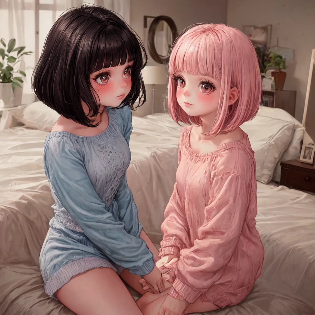 An *************** is sitting in her room. She has blunt bangs and a bob haircut, with pale pink hair. She is wearing light blush on her cheeks and has a cute, youthful face. She is dressed in casual indoor clothes, looking relaxed. The background shows part of her room, creating a warm and cozy atmosphere.