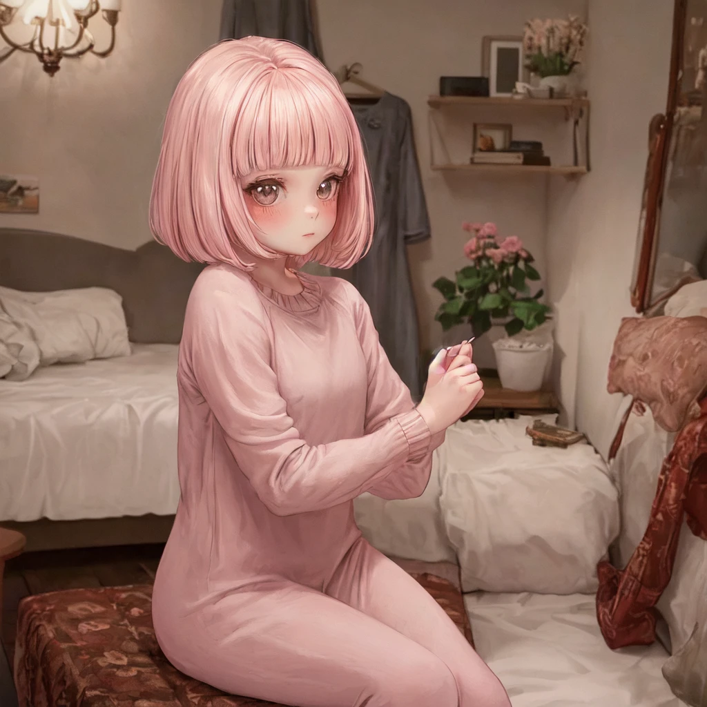 An is sitting in her room. She has blunt bangs and a bob haircut, with pale pink hair. She is wearing light blush on her cheeks and has a cute, youthful face. She is dressed in casual indoor clothes, looking relaxed. The background shows part of her room, creating a warm and cozy atmosphere.