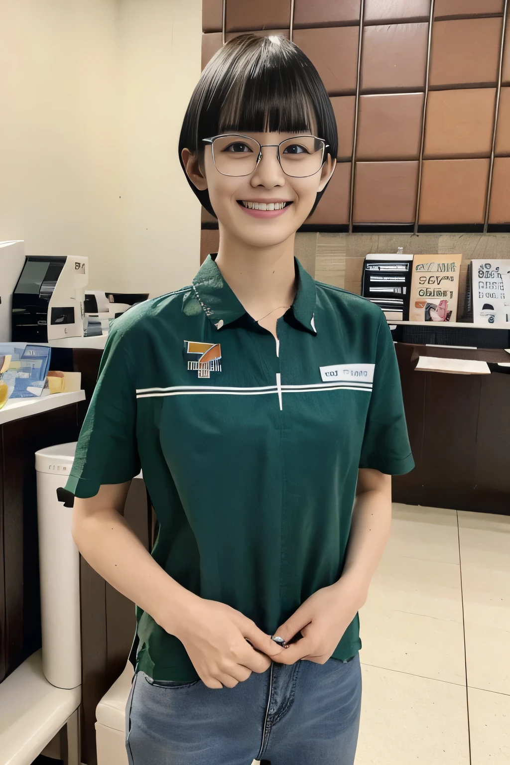 medium shot, (blue denim jeans), japanese lady, pale skin, droopy eyes, 21 year old,(Black short bowl cut hair with blunt bangs:1.3),((standing)), high quality:1.3, shoot from below,Professional lighting:2.0,realistic:1.2,(cinematic lighting), 4k resolution, detailed skin, masterpiece:1.1,(smile:1.3),(Black cell frame glasses:1.3), 7eleven, scenery, indoors, box, tiles, shop, tile floor,7elevenU, employee uniform, uniform, green shirt,